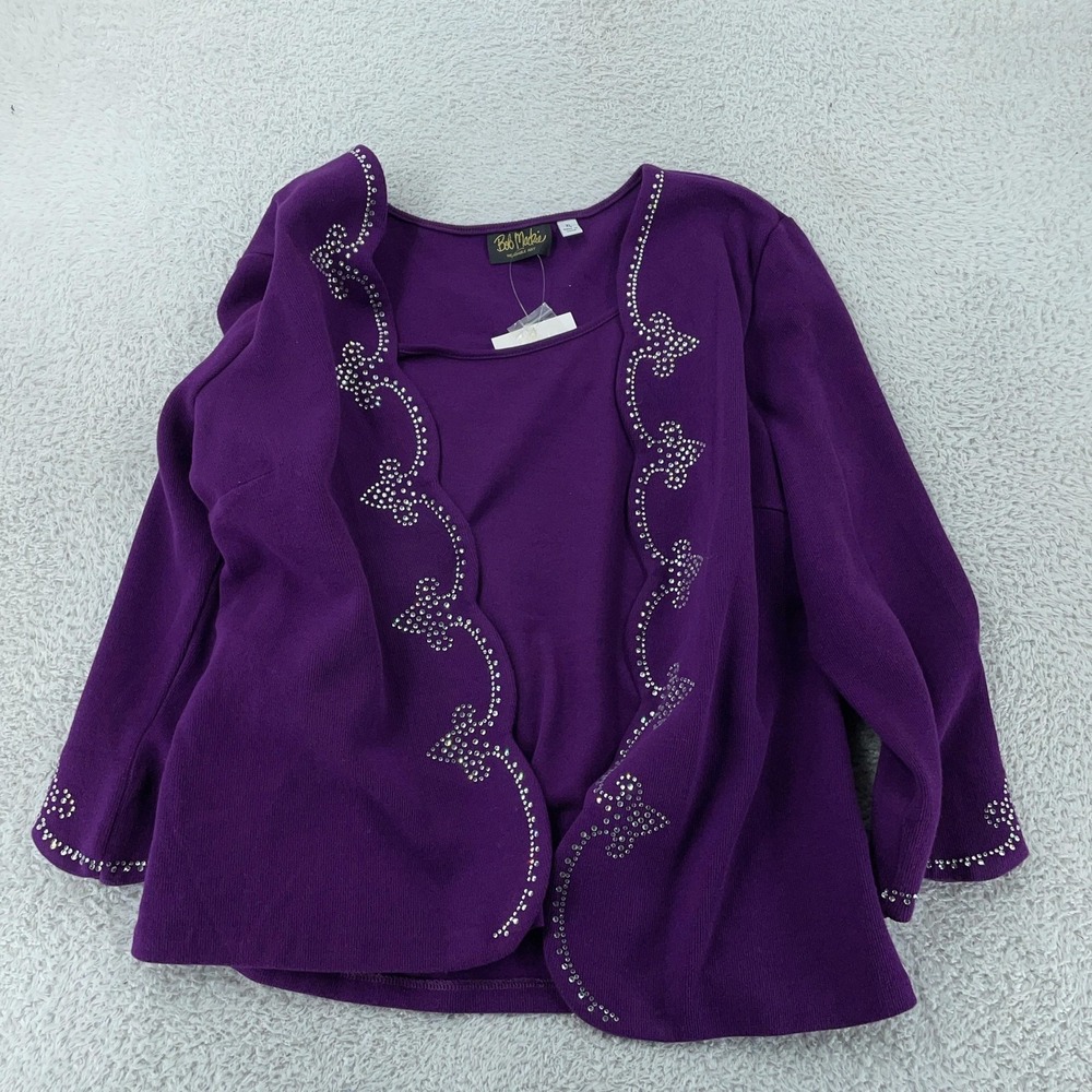 Bob Mackie Wearable Art Cardigan Womens XL Purple Rhinestone Open Front Sweater